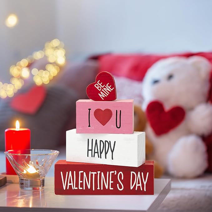Smile Valentines Day Wooden Decoration, I Love U Happy Valentine's Day, Gift Box for Girlfriend Boyfriend Husband Wife Desk Sign Decor Home Office