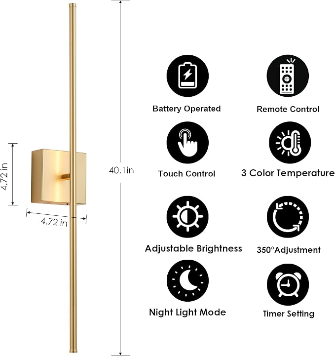KARTOOSH Removable Battery Operated Wall Sconces with Remote Control, Stepless Colors 3000K-6000K & Dimming, 350°Rotate, LED Gold Wireless Wall Light for Living Room, Bedroom, 40.1 Inch (2 Pack)
