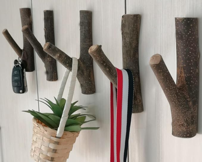 4Pcs Real Wood Tree Branch Wall Hook, Farmhouse Rustic Decorative Wooden with Bark Trunk Thickness 2cm-3cm with Screw