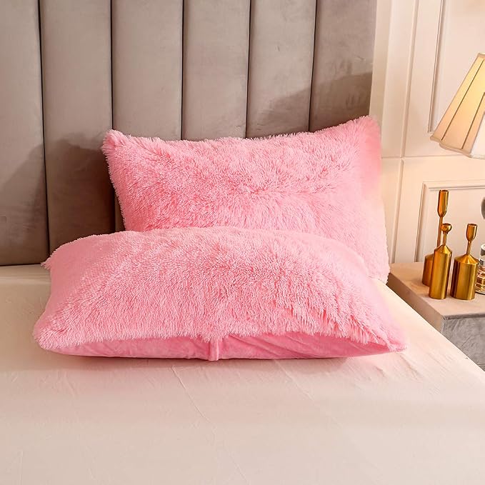 Faux Fur Velvet Fluffy Bedding Duvet Cover Set Down Comforter Quilt Cover with Pillow Shams, Ultra Soft Warm (Pink, Queen)