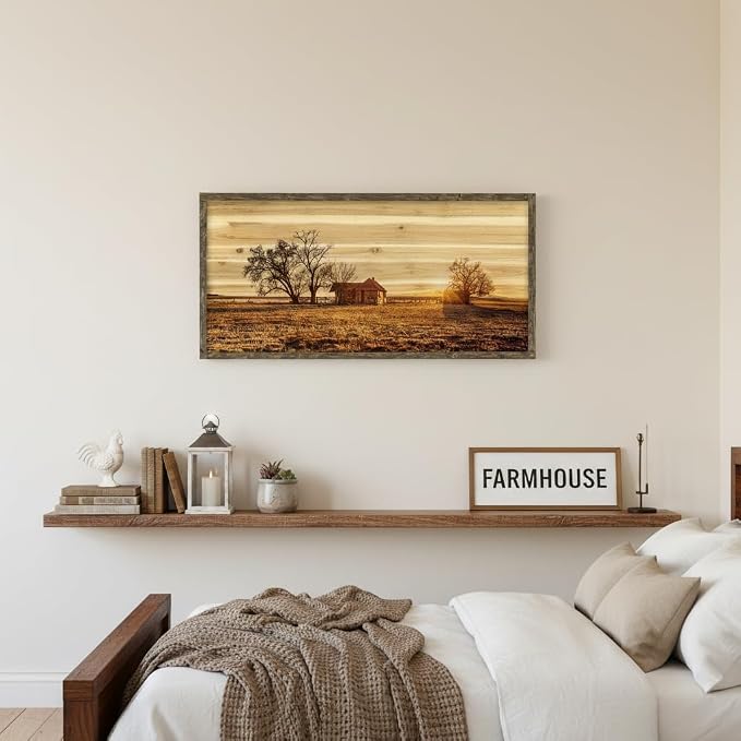 Farmhouse Picture Framed Wall Art: Large Bedroom Wooden Farm Country Painting Horizontal Old Barn Cabin Sunset View Artwork Big Panoramic Nature Landscape Natural Scene Print for Home Living Room