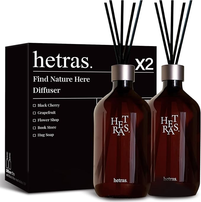 hetras Premium Reed Diffuser Set 16.9 fl.oz. 2 Pack | Hug Soap - Musk & Tonka Scent | Long-Lasting Luxury Fragrance with 10 Reed Sticks for Home & Office | Gifts for Loved One