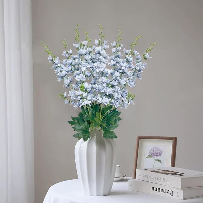 8 pcs Dusty Blue Delphinium Artificial Flowers, 34.25''Artificial Snapdragon Flowers Tall Fake Flowers Silk Flowers Faux Delphinium Bulk for Tall Vase Home Wedding Garden Table Decor (Dusty Blue)
