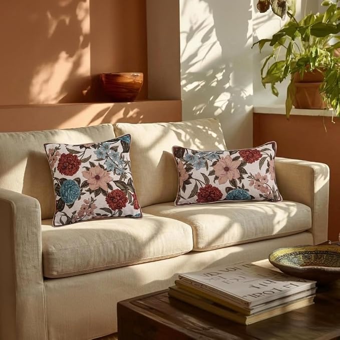 bilin gaier French Linen Throw Pillow Covers,20"x12" Set of 2-Burgundyred | Designer Vintage Elegant Rectangle Pillow Cover,Concealed Zipper,Floral Pattern,Sofas,Bedroom,Living Room,Lounge Chairs