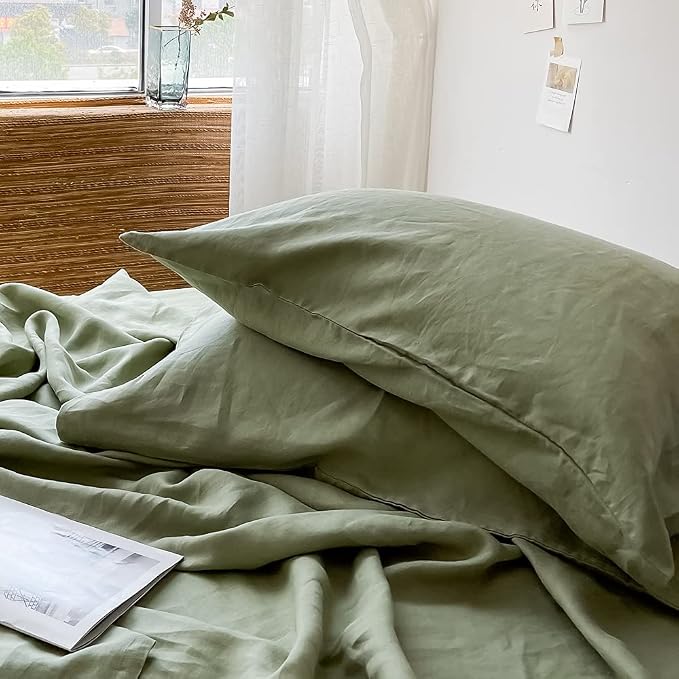 Simple&Opulence 100% Linen Pillowcases Basic Style Solid Color Set of 2, Queen Size Stone Washed Flax Pillow Cover Envelope Closure (20''x30'', Sage Green)
