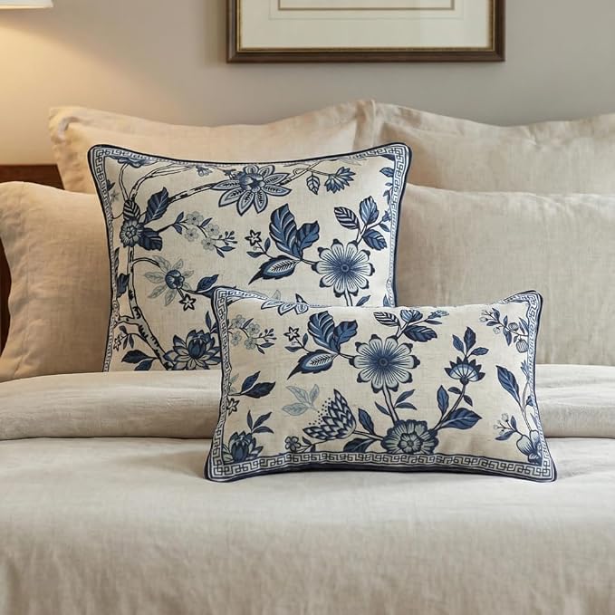 bilin gaier Designer Vintage Linen Throw Pillow Cover,20"x12"-Suqing A | Elegant Rectangular Pillow Cover,Concealed Zipper,Blue Floral Pattern,Sofas,Bedroom,Living Room,Lounge Chairs