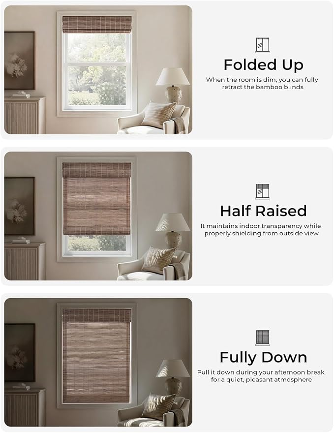 UNISHADES No Drill Cordless Bamboo Roman Shades, 22×64 in, Driftwood | Natural material, Light Filtering, Easy Install