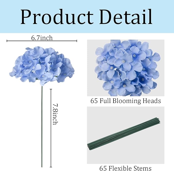 65Pcs Blue Hydrangea Artificial Flowers Bulk，Realistic Silk Fake Flowers with Stems，Faux Hydrangea Flowers for Wedding Home Decor Centerpieces Living Room Garden Party Baby Shower Decoration