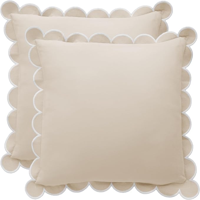 BEBE BASK Scalloped Pillow Cover - Set of 2 - 18 x 18 Inch - Scallop Pillow Cover Natural/White/Beige - 100% Cotton - Grandmillennial Style