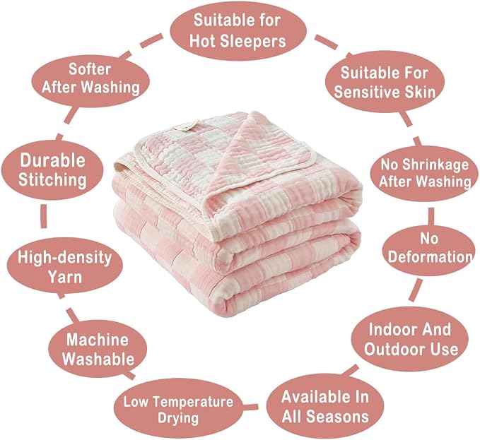 NIDITW Checkerboard Cotton Muslin Throw Blanket for Couch 6-Layer Checkered Gauze Blanket Soft Breathable All Season for Couch Bed Sofa (Pink, Throw)