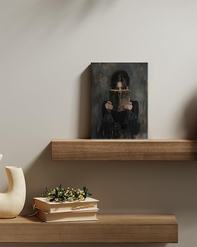 Dark Academia Book Wall Art Vintage Gothic Victorian Woman Reading Wall Decor Poster Painting Picture Moody Girl Aesthetic Canvas Print for Bedroom Living Room Dorm Library Corner 12x16Inch Framed