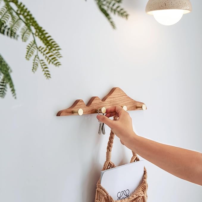Elegant Wall Coat Rack with Hooks Cherry Wood Solid Coat Hanger Wall Mount with 4 Brass Hooks, Moisture-Resistant Wax Oil Finish for Home (Cherry, 4 Hooks)