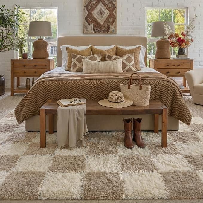 PureCozy Beige 8x10 Area Rugs for Living Room Soft Shag Checkered Large Rug Modern Washable Indoor Office Fuzzy Carpet Non-Slip Fluffy Rugs for Bedroom Nursery Dorm Playroom Home Aesthetic Decor