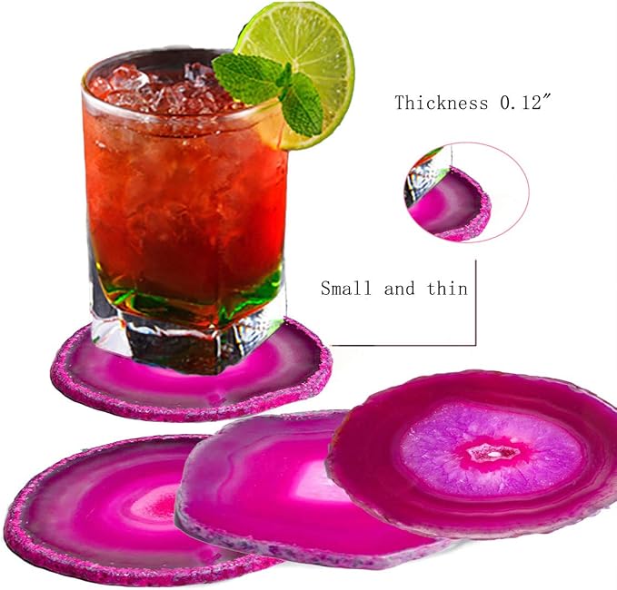 JIC Gem Set of 4 Dyed Pink Agate Geode Coasters 3-3.5'' Slices Rubber Bumpers Table Decor