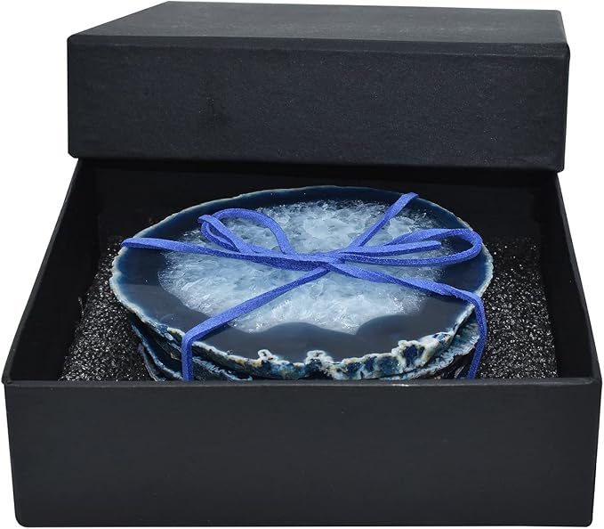 Nature's Decorations Blue Agate Stone Coasters - Set of 4, Polished Geode Drink Mats for Dining & Coffee Table & Kitchen Geode Decor Non-Toxic 3.5-4" Diameter