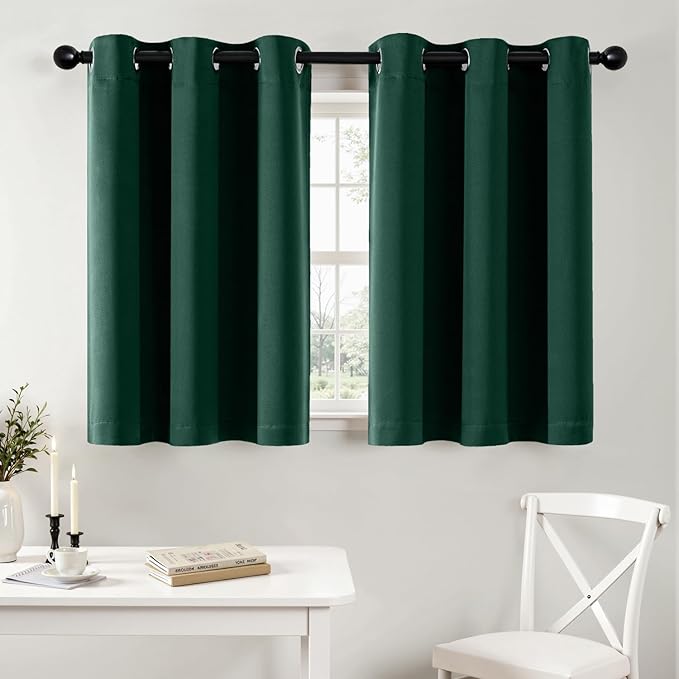 MIULEE Short Curtains for Windows - Christmas Hunter Green Blackout Half Window Curtains Thermal Insulated Drapes for Kitchen Bedroom Bathroom Grommet Top Small Basement Tiers W40 x L36 Inch 2 Panels
