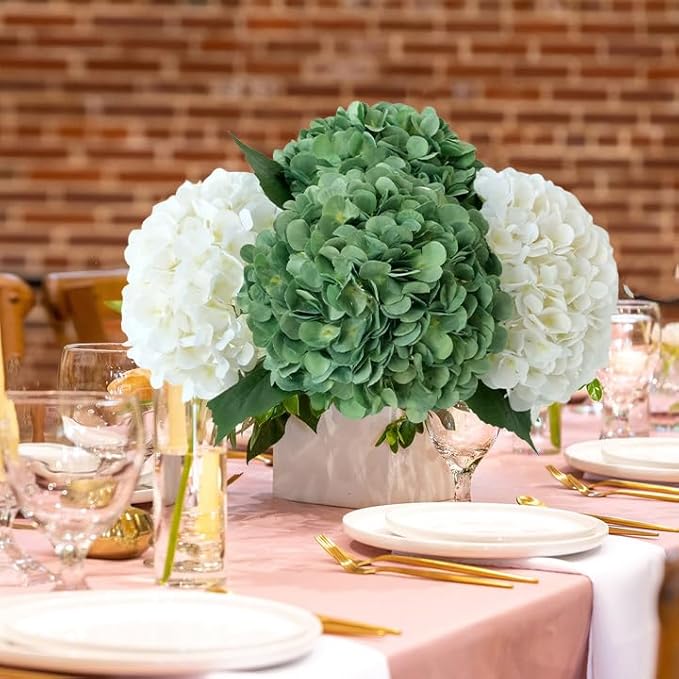 JINWOE Dark Forest Green Silk Hydrangea Artificial Flowers, 4Pcs 22Inch Full Fake Artificial Hydrangeas with Stems for Bouquet Table Centerpieces Home Decoration Porch Outdoor