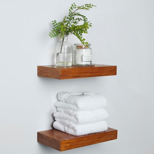 Homeforia 12 inch Oak Floating Shelf, High End Solid Real Wood 12inch Small Floating Shelves for Wall Mounted, Honey Oak Wooden 12in Floating Shelves, Heavy Duty Bracket, 12 X 6.5 X 1.75 in, Set of 2