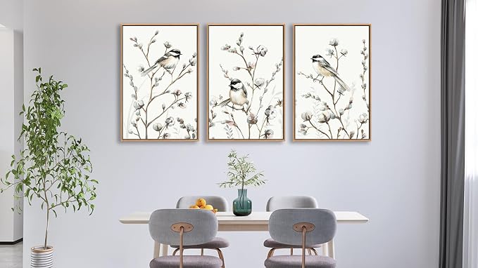 Large Bird Wall Art for Living Room Natural Wood Float Framed Art Set of 3 Tropical Plant Pictures Boho Artwork White Flowers Canvas Prints for Bedroom Kitchen Home Office Wall Decor 24"X36"X3