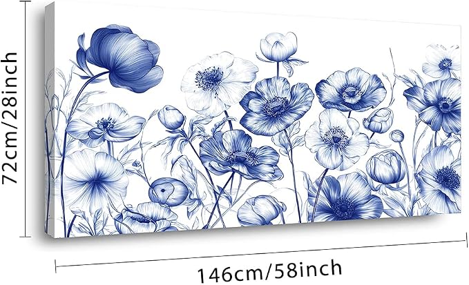 Ggaafet Navy Blue Sketch Flowers Wall Art for Living Room Canvas Oil Painting Prints Beautiful Floral Blooming Art Deco Pretty Artwork Office Bedroom Family Dining Room Decor Extra Large