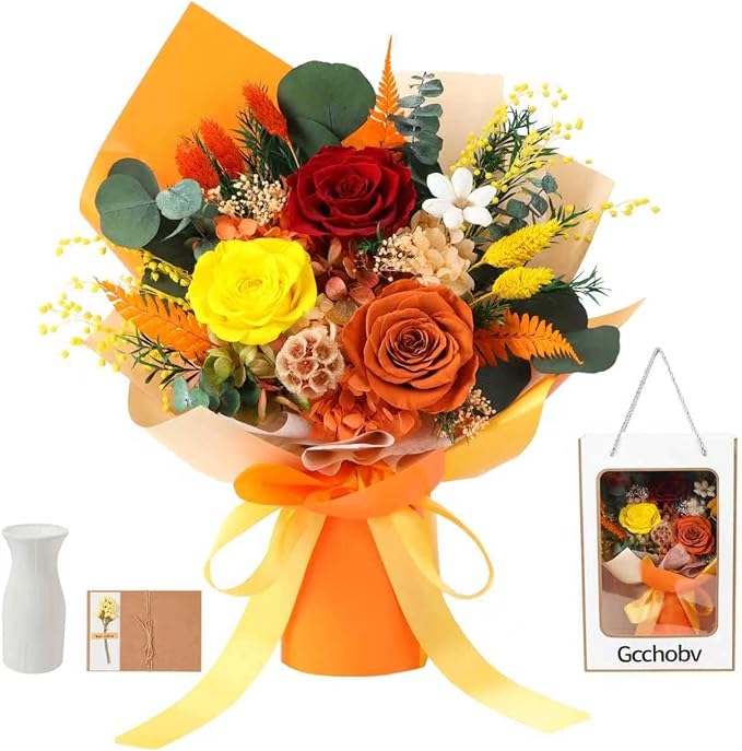 Preserved Flowers Bouquet, Real Eternal Flowers, Gifts For Women, Birthday Gifts For Mom Friends Her Girlfriend Sister, Valentine (orange)