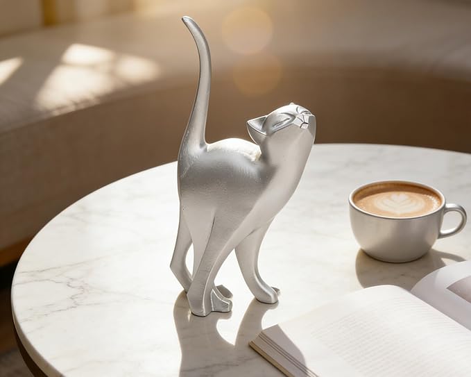 Silver Cat Statue Modern Abstract, Home Office Shelf Decor, 7-Inch Vibrant Assorted Colors, Easy to Match Any Decor Style