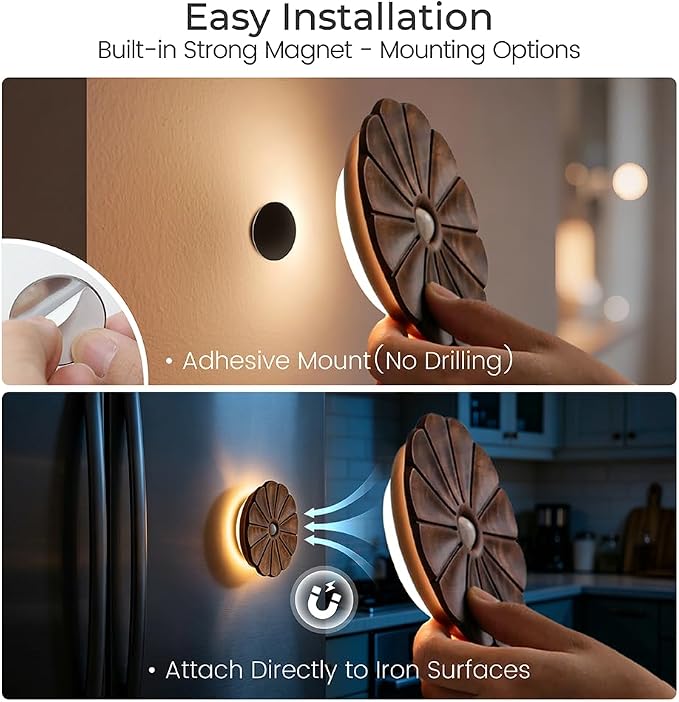 Motion Sensor Night Light Wooden Carved Flower USB Rechargeable Stick-On Step Lights Magnetic Mini Wall Lights for Hallway Bedroom Living Room Stair (Black Walnut)