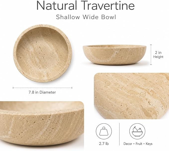 Natural Travertine Decorative Bowl for Coffee Table – 7.8”Handmade Beige Stone Fruit Bowl, Key Bowl for Entryway Table, Modern Catchall Tray, Vanity Jewelry Dish, Rustic Home Decor Centerpiece