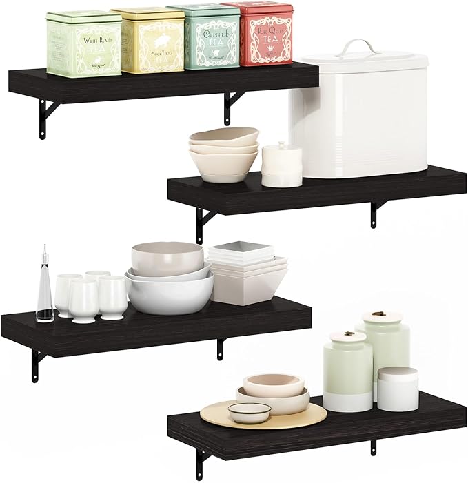 Furinno Tanna Floating Shelves for Wall Set of 4, 22-Inch Wall Shelf, Triple Thick Floating Mounted Shelf, for Bathroom, Home Office, Living Room, Tobacco Oak