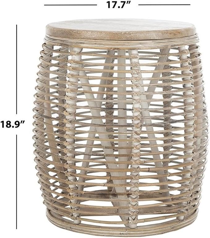SAFAVIEH Furniture - Maui Rattan Drum Stool Table - Grey White-Wash - Rattan - Coastal Woven Design - Fully Assembled - Ideal for Living Room, Bedroom, Patio - Fully Assembled (STL6500A)