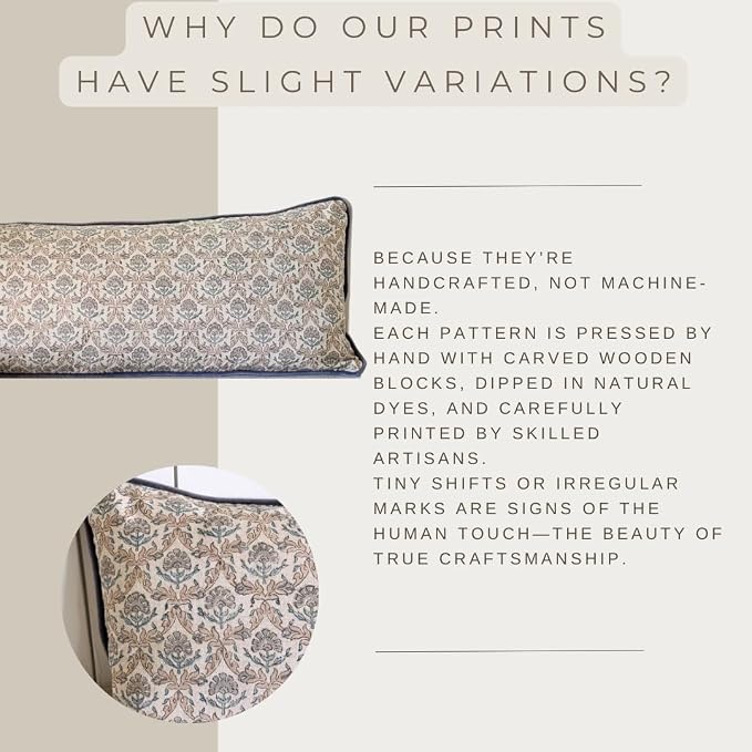 Palm & Loom 100% Cotton Linen - Long Lumbar Cushion Cover - Ziya Elegant Throw Pillow Case with Blue & Peach Print with Piping - Modern Traditional Living Room, Sofa, Bedroom Pillow Cover-14x36 Inch