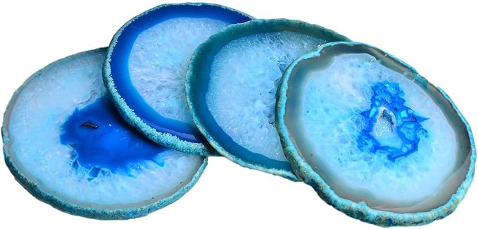 AMOYSTONE 4pcs Agate Gemstone Coasters Cup Holders Drinks Stone Mat Light Blue 4-5" with Rubber Bumper