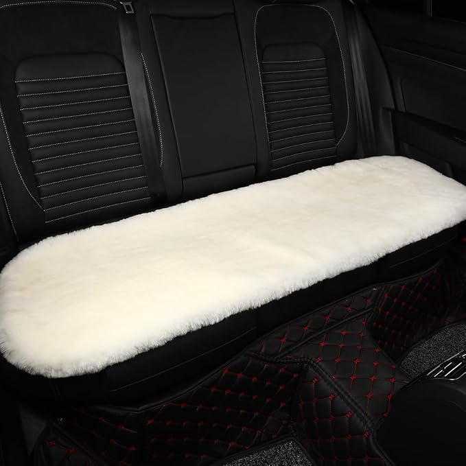 OGLAND Fuzzy Genuine Sheepskin Car Rear Seat Cover for Kids Dogs Pets Auto Bench Back Cushion Interior Accessories with Soft Fluffy Wool Natural Fur, White
