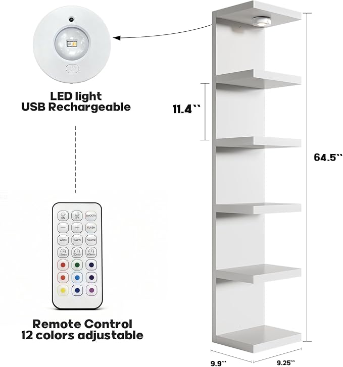 2 Pack 6-Tier Versatile Wall Shelf Unit with USB Rechargeable Led Light (Remote Controlled),Vertical Floating Display Shelves,Lack Style Wall Shelves for Bedroom, Decor,Vanity-White