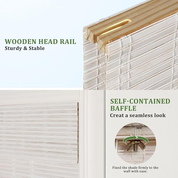 SEEYE Cordless Bamboo Blinds Shades, Light Filtering Bamboo Roller Shades Natural Roman Blind Shade, Roll Up Blind for Windows, Easy to Install for Door, Bedroom, 34" W x 64" H, White