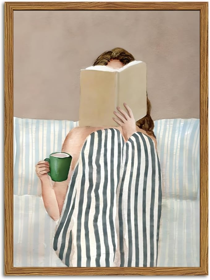 Framed Trendy Preppy Canvas Wall Art, Woman Reading Book with Coffee Pictures Wall Decor Paintings, Blue and White Striped Prints Girly Home Decor for Living Room Bedroom Dorm 12x16 inch