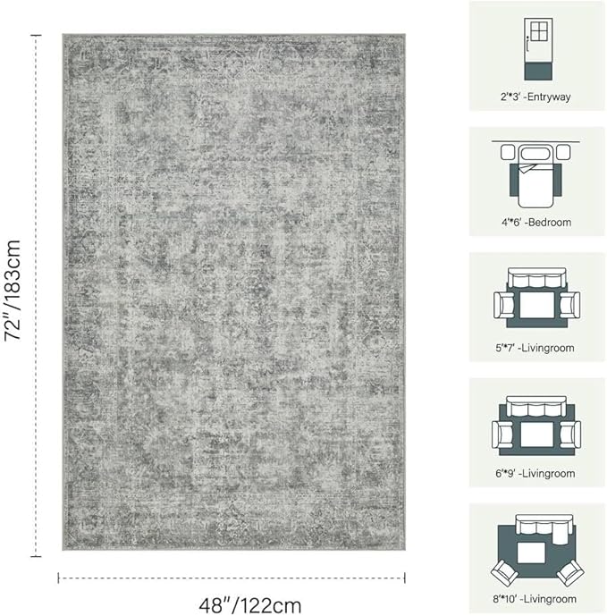 Rugxara 4x6 Area Rugs for Living Room Bedroom, Large Washable Rug, Grey Vintage Abstract Boho Rug, Non Slip & Low Pile Wool Carpet for Indoor Dining Room, Farmhouse, Kids Room and Office(Grey 4x6ft)