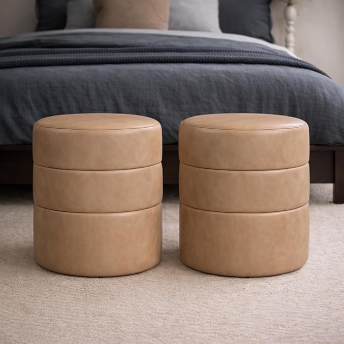 HomePop Upholstered Faux Leather Round Ottoman (No Lid, Seat Only) | HomePop Home Décor | Round Pouf Foot Rest – Sand Faux Leather