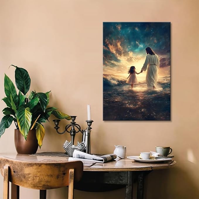 Eysintum Framed Jesus Wall Art Canvas Print Jesus with Girl Christian Faith Poster Inspirational Home Decor for Kids Room Nursery Living Room 24x36in Ready to Hang