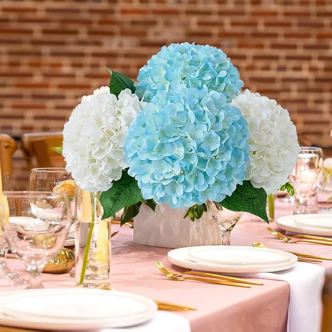JINWOE Lake Blue Faux Hydrangea Flowers, 4Pcs 22" Large Lifelike Silk Artificial Hydrangeas, Full Fake Flowers for Bouquet Table Centerpieces Outdoor Wedding Indoor Home
