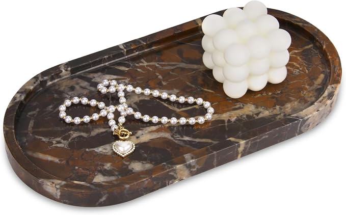 Oval Marble Bathroom Vanity Tray, Natural Luxury Marble Home Kitchen Bathroom Table Tray, Stone Decorative Countertop Tray for Coffee Perfume Jewelry (Black Gold, 12" x 6" x 0.8")