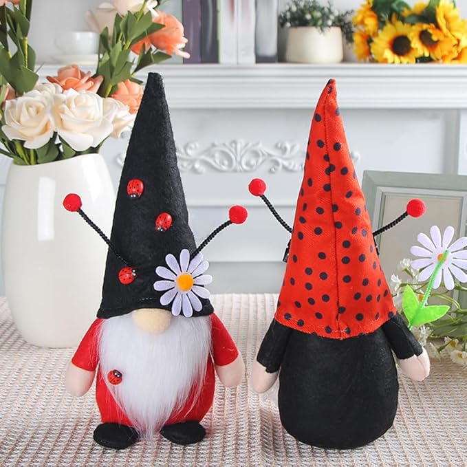Eimilaly Daisy Ladybug Gnome Decorations for Home, Tomte Gnomes Decor Set for Holiday Ornaments or Other Theme Party Gnome Decor - 2PCS