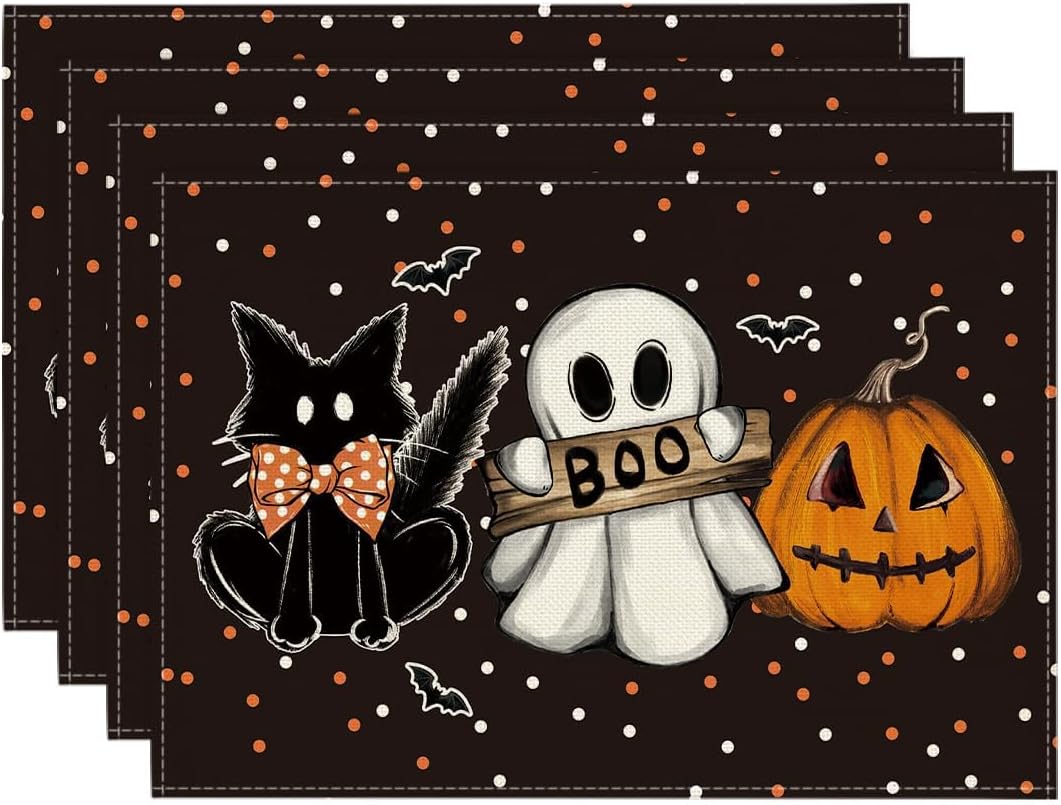 Artoid Mode Polka Dot Ghost Pumpkin Cat Boo Halloween Placemats Set of 4, 12x18 Inch Seasonal Fall Table Mats for Party Kitchen Dining Decoration