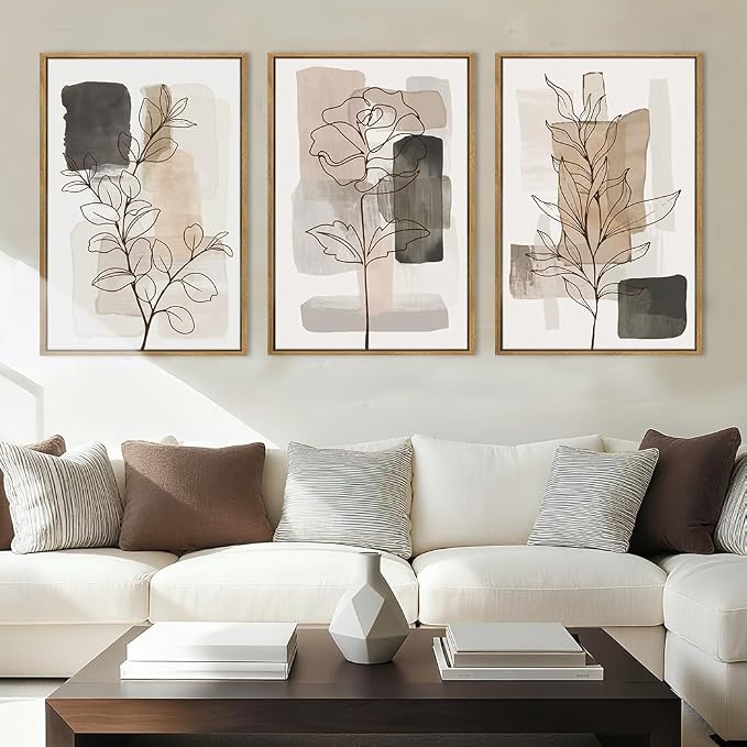Anyzal Large Framed Neutral Floral Wall Art 16x24 Inch Tan Modern botanical Canvas Wall Decor Minimalist Black Flower Prints for Living room Bedroom Dining room Set of 3