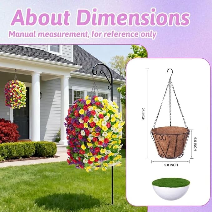 Ammyoo Artificial Fake Hanging Flowers Basket for Spring Decor, Faux Silk Flower in Planter for Summer, Outdoor Artificial Floral for Home Porch Yard(Yellow White Purple Red)