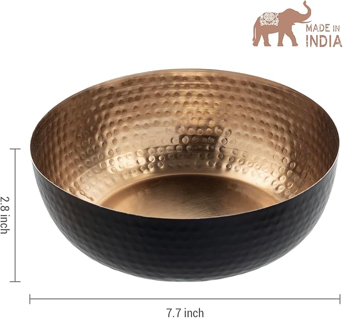 MyGift 8 Inch Art Deco Hammered Black Metal Decorative Bowl with Copper Tone Interior, Home Decor Coffee Table Candy Dish, Key Wallet Catchall - Handcrafted in India