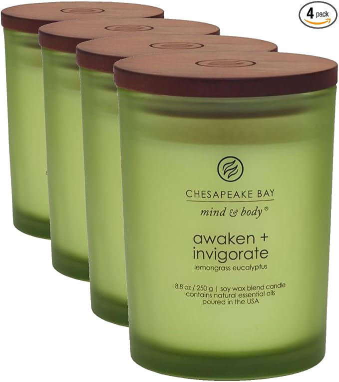 Chesapeake Bay Candle PT40886 Scented Candle Awaken + Invigorate (Lemongrass Eucalyptus) Medium Green Home Decor 8.8oz (Pack of 4)