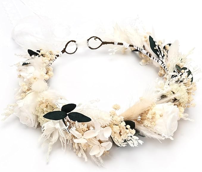 Rustic Preserved Dried Flower Crown with Cream Roses Natural Floral Headband for Young Little Flower Girls Kids Flower Headpiece