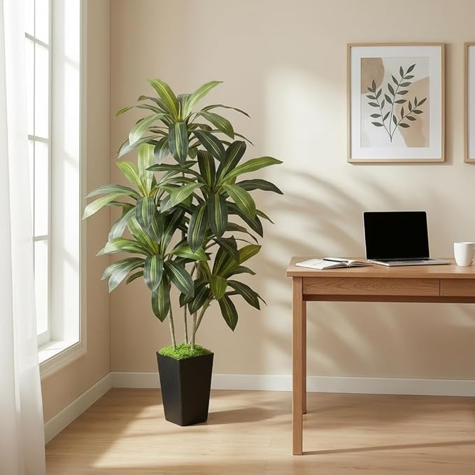 6ft Artificial Dracaena Tree | Realistic Faux Dragon Tree, Silk Tree with Pot, Indoor Home Office Decor For Corner, Modern Floor Plant