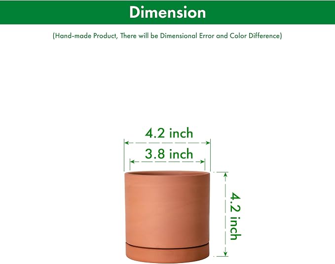 D'vine Dev X-Small 4 Inch Terracotta Plant Pots with Drainage Hole and Saucer, Round Cylinder Planter Pot for Indoor Plants, Set of 2, 40-X-B-1